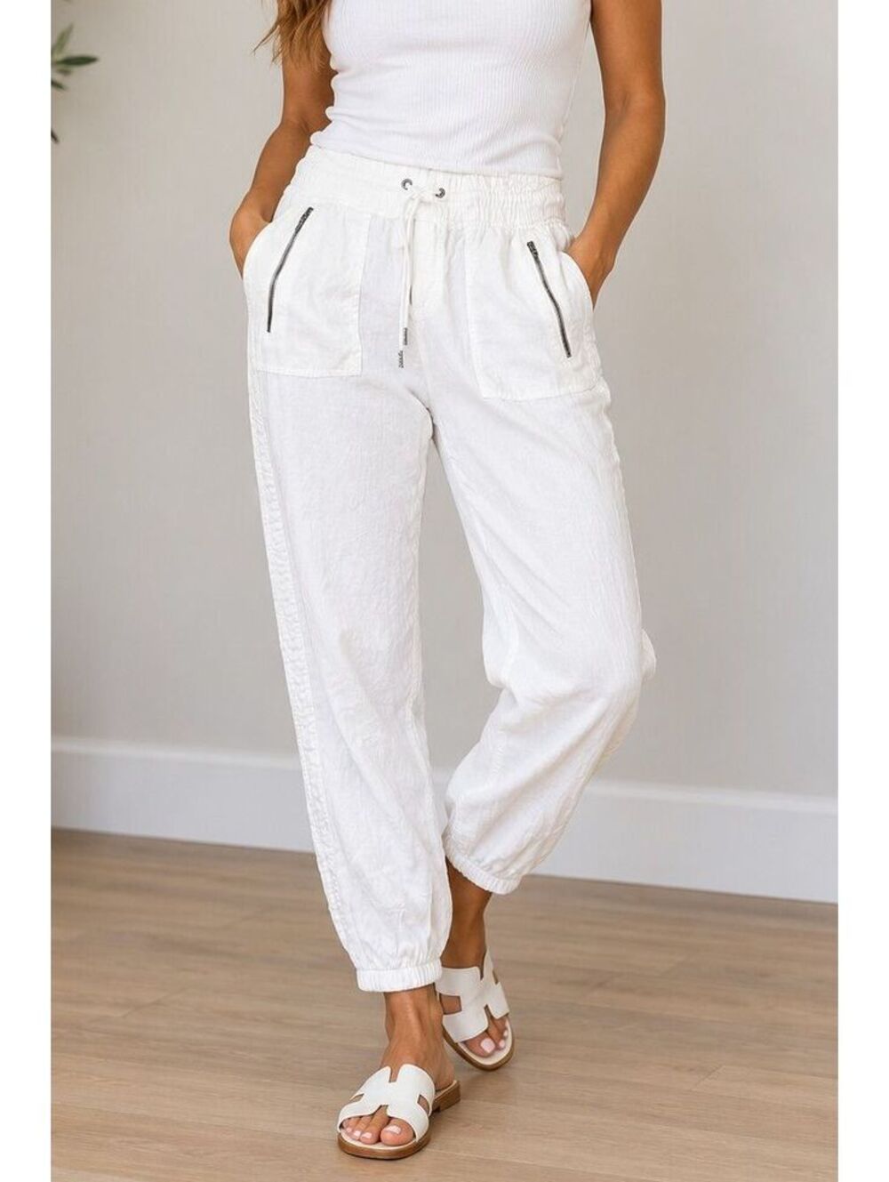 Athleta Cabo Linen Jogger Women's 6 White 100% Linen Drawstring Zip Pockets
